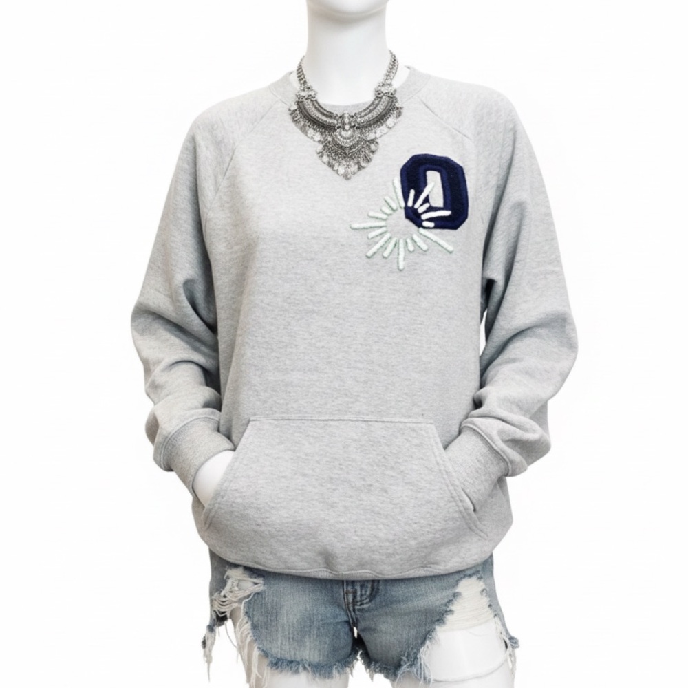aerie Light Gray Pullover Sweatshirt with Navy Patch and Mint Detail